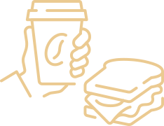 A hand holding a cup of coffee and sandwich icons